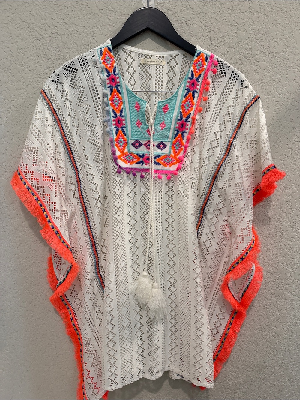 White Crochet Boho Tunic with Neon Trim and Embroidered Yoke one size